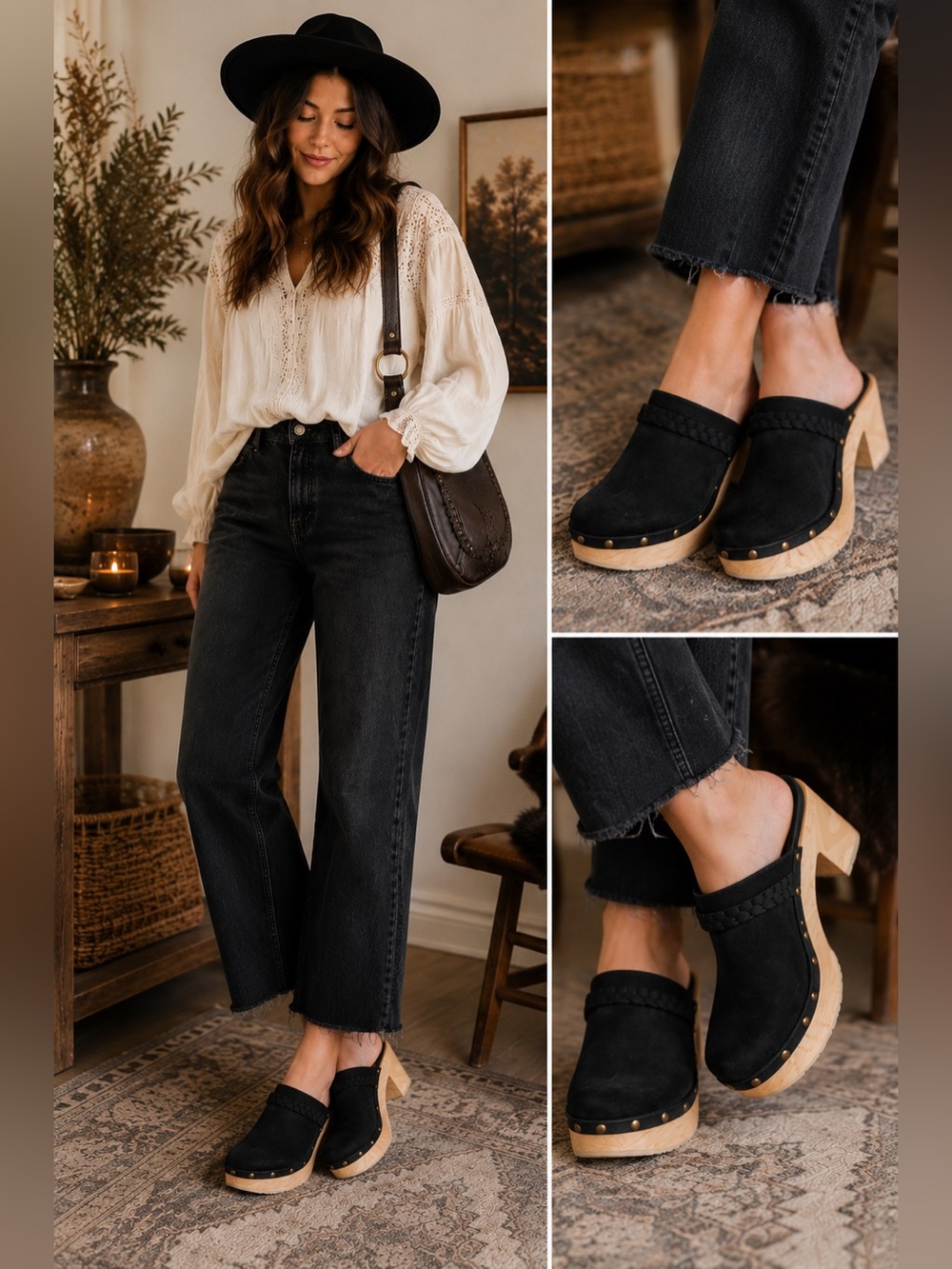 J.Crew Black Platform Mule Clogs Faux Suede Braided Wood Heel 70s Boho Chic